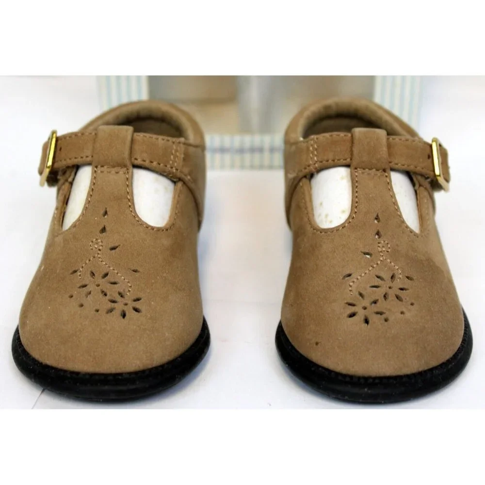 2001 OshKosh B'Gosh Baby First Walkers Shoes sz 3.5 Olive Leather Strap Floral